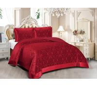 Emilia Velvet Quilted Bedspread Set - Luxury Jacquard Bedding with Pillow Shams, Soft Polyester Comforter Throw for All Seasons - Modern Floral Damask Design, Double & King Sizes (Red, Double)