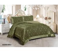 Emilia Velvet Quilted Bedspread Set - Luxury Jacquard Bedding with Pillow Shams, Soft Polyester Comforter Throw for All Seasons - Modern Floral Damask Design, Double & King Sizes (Green, King)