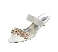 Emily Bridal 011-19 Women's Wedding Shoes Open Toe 1.57 Inches Kitten Heel Satin Sandals with Rhinestone Bridal Shoes (EU39/UK6, Ivory)