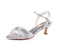 Emily Bridal 1031-2 Women's Wedding Shoes Open Toe 2.17 Inches Spool Heel Satin Sandals with Rhinestone Buckle Ruffles Bridal Shoes (EU36/UK3.5, Silver)