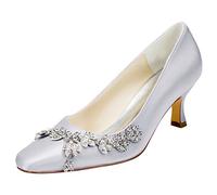 Emily Bridal 141-1-1 Women's Wedding Shoes Closed Toe 2.28 Inches Chunky Heel Satin Pumps with Rhinestone Bridal Shoes (EU37/UK4, Silver)
