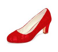 Emily Bridal 1505-1 Women's Wedding Shoes Closed Toe 2.56 Inches Chunky Heel Lace Satin Pumps Bridal Shoes (EU35/UK3, Red)