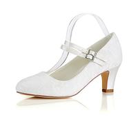 Emily Bridal 1505-10 Women's Wedding Shoes Closed Toe 2.56 Inches Chunky Heel Lace Satin Pumps with Buckle Bridal Shoes (EU42/UK8.5, Ivory)