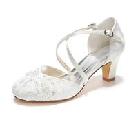 Emily Bridal 1505-13-1 Women's Wedding Shoes Closed Toe 2.56 Inches Chunky Heel Lace Satin Pumps with Lace Flower Sequin Imitation Pearl Buckle Bridal Shoes(EU35/UK3, Ivory)