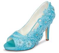 Emily Bridal Wedding Shoes Lace Wedding Shoes Lace Peep Toe High Heel Bridal Shoes (EU38/UK5, Cyan-Blue)