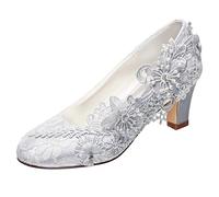Emily Bridal Wedding Shoes Women's Silk Like Satin Chunky Heel Pumps with Stitching Lace Flower Crystal Pearl (EU39/UK6, Silver)