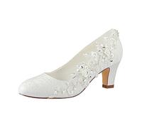 Emily Bridal Wedding Shoes Women's Silk Like Satin Chunky Heel Pumps with Stitching Lace Flower Crystal Pearl (EU35/UK3, Ivory)