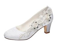 Emily Bridal Wedding Shoes Women's Silk Like Satin Chunky Heel Pumps with Stitching Lace Flower Crystal Pearl (White, Numeric_5)