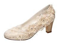 Emily Bridal Wedding Shoes Women's Silk Like Satin Chunky Heel Pumps with Stitching Lace Flower Crystal Pearl (EU38/UK5, Champagne)