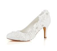 Emily Bridal Wedding Shoes Women's Silk Like Satin Stiletto Heel Pumps with Stitching Lace Flower Crystal Pearl (EU42/UK8.5, Ivory)