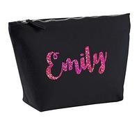 Emily Personalised Name Cotton Canvas Black Make Up with a Holographic Pink Print Accessory Bag Wash Bag Size 14x20cm. The perfect personalised Gift for All occasion, Christmas, Birthdays,
