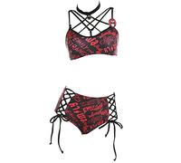 Emily the Strange Officially Licensed Women's Bikini Set Strap Halter Top with Lace-up Closure Bottom Print Two Piece, Red, S