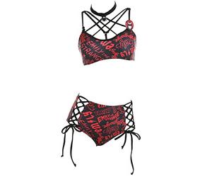 Emily the Strange Officially Licensed Women's Bikini Set Strap Halter Top with Lace-up Closure Bottom Print Two Piece, Red, S