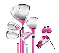 Eminchu 5PCS Kids Club Set Wide Impact Face High Forgiveness Aiming Lines on Clubs Training Set with Large Alloy Construction Low Center of Gravity for Beginner Boys and Girls (Pink 6 to 8 Years Old)