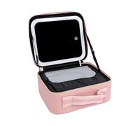 Eminchu Makeup Bag with LED Mirror 3 Color Adjustable Dimmable 0-100% Dimmable Brightness 6 Thin Abs Dividers 5 Brush Slots Travel Cosmetic Organizer Case for Cosmetics Jewelry (Pink)