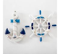 EMINGSKY 2 Pack 13" Nautical Beach Wooden Ship Wheel and 13" Wood Anchor with Rope Nautical Boat Steering Wheel Rudder Anchor Wall Decor Door Hanging Ornaments Beach Theme Fish Net Home Decoration