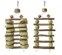 EMINGSKY 2 Pack Double-Row Bunny Chew Toys, Natural Grass Cake & Grass Ball Apple Wood String for Rabbits, Guinea Pigs, Chinchillas - Teeth Grinding & Cage Hanging Treats
