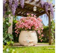EMINGSKY Smily Face Planter Pot with Coffee Cup Cute Resin Succulent Planter Plants Potted, Unique Sit Flower Pots for Indoor Office and Outdoor Decor, for Mom Christmas (Khaki)