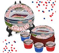 Emirates Arsenal Stadium A PERSONALISED Edible Cupcake Toppers / 8" Inch Cake Wafer or Icing - Sports Football Fan Birthday Party Cake Decorations - Perfect for Brownies, Cookies, Muffins & More!