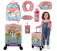 emissary 7pcs Unicorn Girl’s Luggage Set with wheels - Rolling Luggage, Backpack, Eye Mask, Toiletry Bag, Suitcase Tag, Neck Pillow & Water Bottle - Carry Luggage for Kids & Girls with Wheels