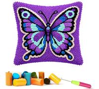 EMISTEM Latch Hook Kits for Adults - Latch Hook Pillow Kits, Crochet Yarn Kit for Beginners, Cross-Stitch Embroidery Cushion Cover Case with Printed Canvas. (Purple Butterfly,17x17 inch)