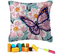 EMISTEM Latch Hook Kits for Adults - Latch Hook Pillow Kits, Crochet Yarn Kit for Beginners, DIY Needlework Crafts Cover Case with Printed Canvas,(Butterfly in Flowers,17x17 inch)