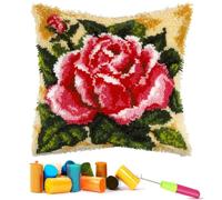 EMISTEM Latch Hook Kits for Adults - Latch Hook Pillow Kits for Kids, Crochet Yarn Kit for Beginners, DIY Needlework Crafts Cover Case with Printed Canvas, (Red Rose,17x17 inch)