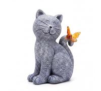 Emitto Cat Garden Ornaments Outdoor Resin Gray Orange Solar LED Decor | Resin Cat Sculpture,Solar Charging,Auto Glow At Night,sturdy and durable,For Garden,Patio,And Porch,Decorative Outdoor Accent