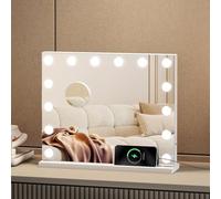 Emitto Hollywood Vanity Mirror with Lights 50×42 cm, Large Lighted Makeup Mirror with 14 Dimmable LED Bulbs - 3 Color Modes, Smart Touch Dimming, 10X Magnifier, USB Type A & C Rechargeable (White)