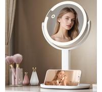 Emitto Lighted Makeup Mirror with Lights 3 Color, 1X/10X Magnifying, 2000Ah Rechargeable Battery for Bedroom Desk, 360° Rotation Large Surface, Stepless Dimming - 37x22cm White