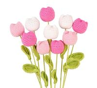 Emivery 10PCS Handmade Crochet Tulip Bouquet - Pastel Knitted Artificial Flowers for Home Decor and Gift (Rose Red, Pink, White)