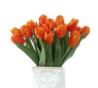 Emivery 16Pcs Orange Silk Tulip Flowers, Artificial Long Stem Tulips Real Touch Tulips Fall Flower Arrangement for Wedding Home Kitchen Table Office Thanksgiving Decor