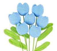 Emivery 7 Pcs Tulips Crochet Flowers, Blue Artificial Tulips Knitted Flower Finished Crochet Faux Flower Arrangement for Wedding Home Party Farmhouse Office Decoration