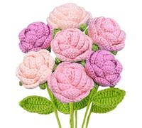 Emivery Handmade Crochet Rose Potted Set - 7 Pink Knitted Flowers with Stems for Valentine's Day, Wedding & Home Table Decor (1, pink)