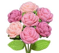 Emivery Handmade Crochet Rose Potted Set - 7 Pink Knitted Flowers with Stems for Valentine's Day, Wedding & Home Table Decor (Pink02)