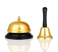eMKay® Gold Hand Bel & Gold Desk Service Bell Set - 2-Pcs Bell Bundle for Events, Reception, Elderly, Hospitality & Classroom - Loud Ringing Bells with Stylish Finish for Home, School & Business