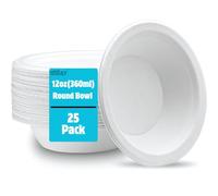 eMKay® Pack of 25 12oz Compostable Bowls (360ml) - Eco-Friendly Sugarcane Bagasse Disposable Bowl - Heavy-Duty Biodegradable Sugarcane Fibre Paper Bowls for Soup, Salads, Snacks, Party & Catering
