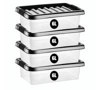 eMKay® Pack of 4 Plastic 6 Litre Storage Boxes - Black Lid | Compact & Stackable | Durable Plastic with Clip Lock | Ideal for Home, Office & Garage Organisation