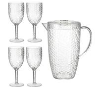 eMKay® Reusable Dimple Plastic Wine Glasses(400ml) & Clear 2L Dimple Pitcher Set- Includes 4 Wine Goblets & Matching Pitcher with Lid, Elegant Shatterproof Outdoor Drinkware for BBQs, Picnics, Camping