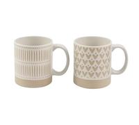 eMKay® Set of 2 Heart & Stripe Design Coffee Tea Cups - Dolomite Mugs - Neutral Modern Style 11oz - Durable Stoneware Look Mugs for Home Kitchen Everyday Use & Gifting