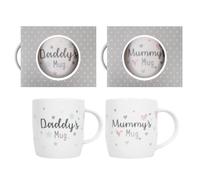 eMKay® Set of 2 - Mummy & Daddy Mugs (350ml) | New Parents Gift Set | Bone China Coffee Tea Mugs for Mum & Dad | Baby Shower, Newborn, Christening Gift | White with Pink & Blue Detail