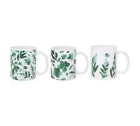 eMKay® Set of 3 Green Leaf Mugs 11oz Stoneware | Eucalyptus Abstract Floral Tea & Coffee Cups | Modern Green Print Mug Set | Microwave & Dishwasher Safe Home & Office