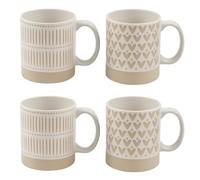 eMKay® Set of 4 Heart & Stripe Design Coffee Tea Cups - Dolomite Mugs - Neutral Modern Style 11oz - Durable Stoneware Look Mugs for Everyday Kitchen Use & Gift Giving
