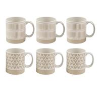 eMKay® Set of 6 Heart & Stripe Design Coffee Tea Cups - Dolomite Mugs - Neutral Beige Modern Style 11oz - Durable Stoneware Look Mugs for Everyday Kitchen Use & Gift Giving