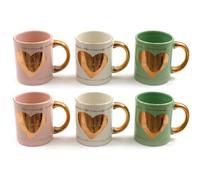 eMKay® Set of 6 Oh La La Mugs | Pink, Cream & Green Dolomite Coffee Mugs with Gold Heart Design | Elegant Mug Set for Home, Office & Gifts