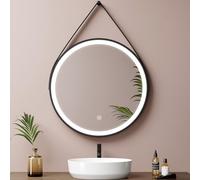 EMKE 50cm Black Round LED Bathroom Mirror, Leather Strap, Wall Mounted