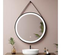 EMKE 60 cm Round LED Bathroom Mirror Wall Mounted with Leather Strap, Black Frame Circular Bathroom Mirror with LED Lights, 6500K, Dimmable, Touch Control, IP44