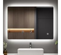 EMKE 60 x 80 cm Backlit Illuminated Bathroom Mirror, Curve Bathroom Mirror with LED Lights and Demister Pad/Touch Switch, LED Mirrors for Bathrooms Dimmable, Horizontal/Vertical, IP44