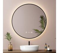 EMKE 60cm Round Bathroom Mirror with LED Lights, Black Frame & Time Display