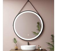 EMKE 80 cm Round LED Bathroom Mirror Wall Mounted with Leather Strap, Black Frame Circular Bathroom Mirror with LED Lights, 6500K, Anti-fog, Dimmable, Touch Control, IP44